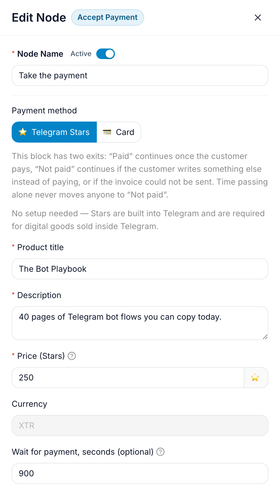 The payment editor on the Stars rail: product title, description, price of 250 Stars, currency locked to XTR