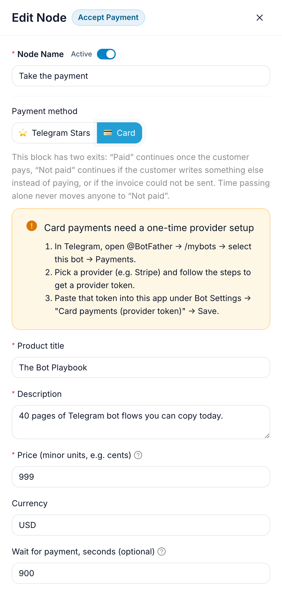 The payment editor on the Card rail, showing the provider setup warning and the price in minor units