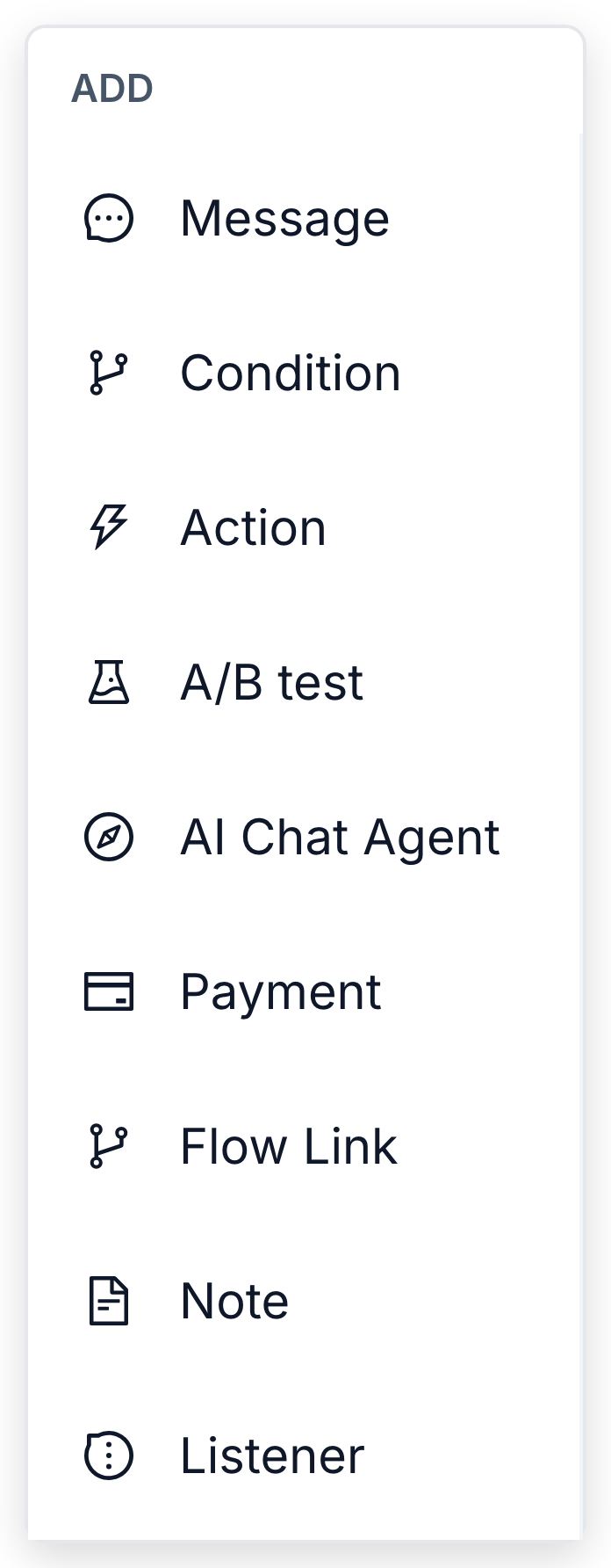 The Add palette on the canvas, with Action among the node types