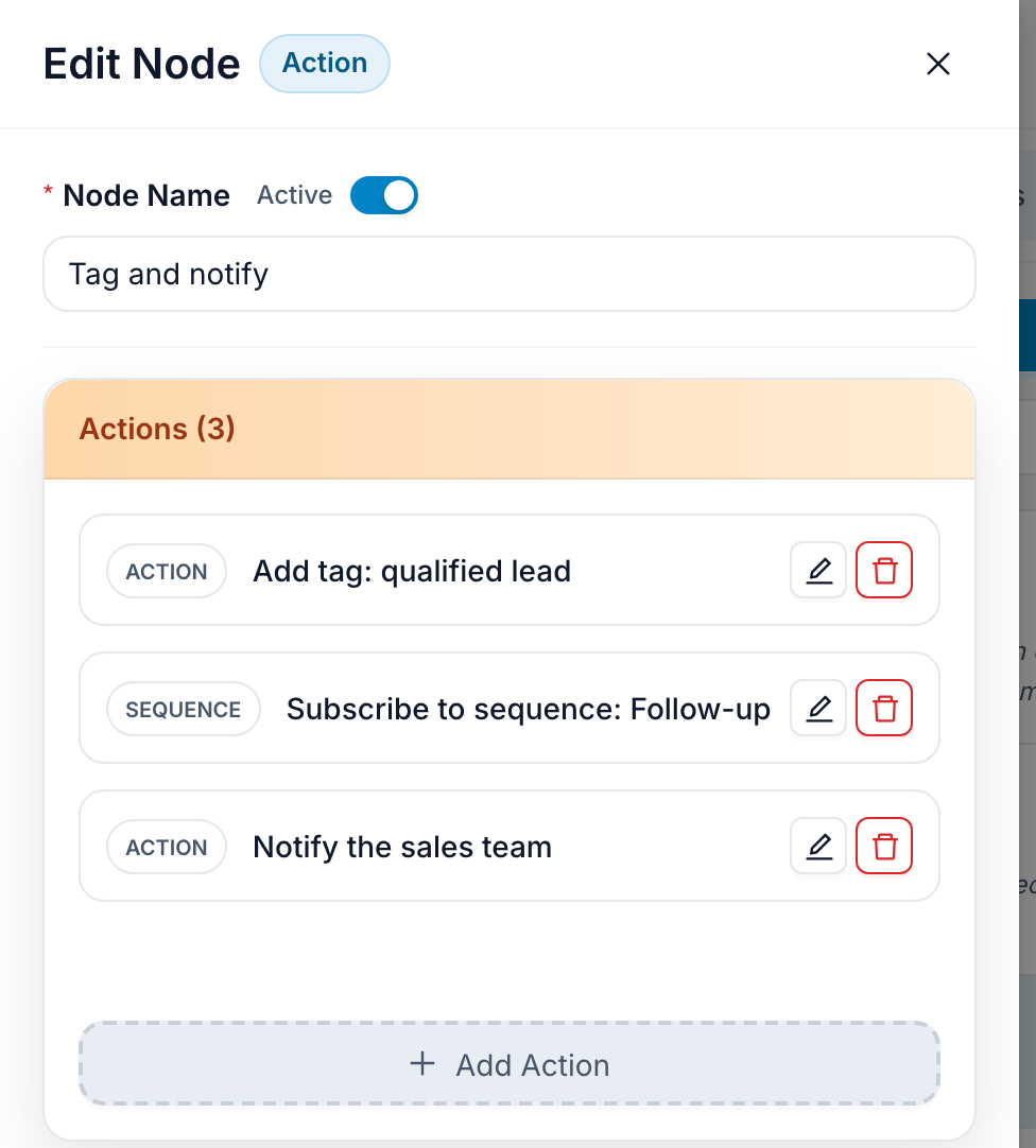 The action node editor showing three actions listed in the order they run