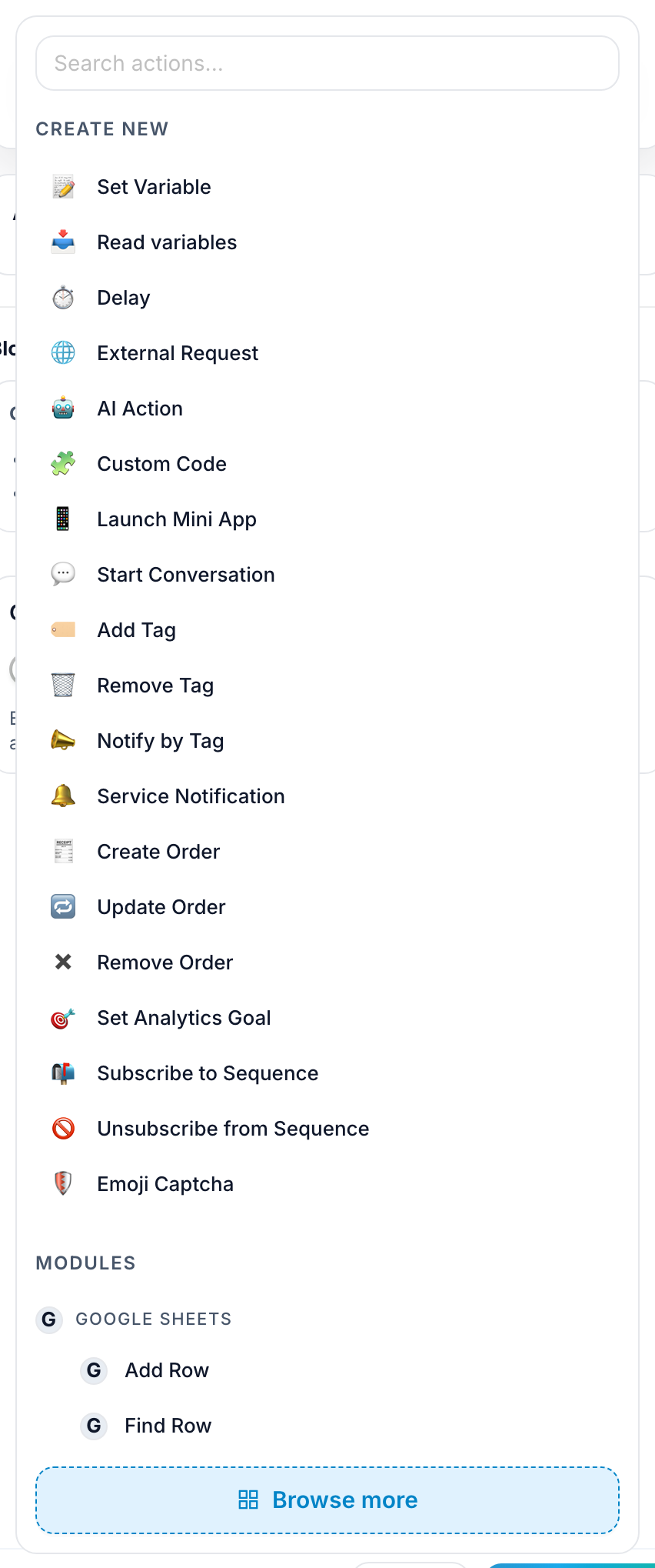 The Add Action menu showing the built-in action list, a Modules group and Browse more
