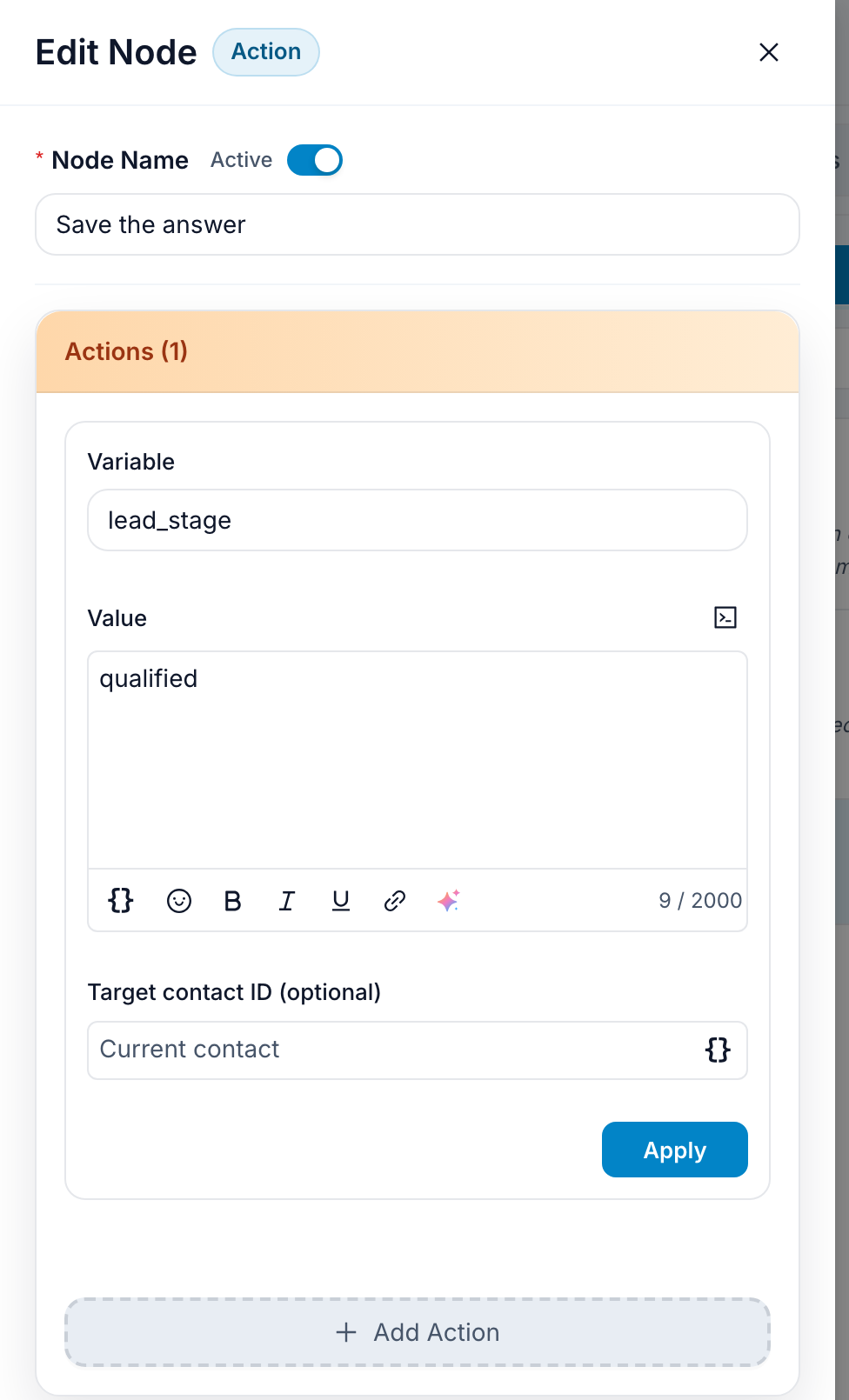 The Set Variable action open in the editor, with a variable and a value
