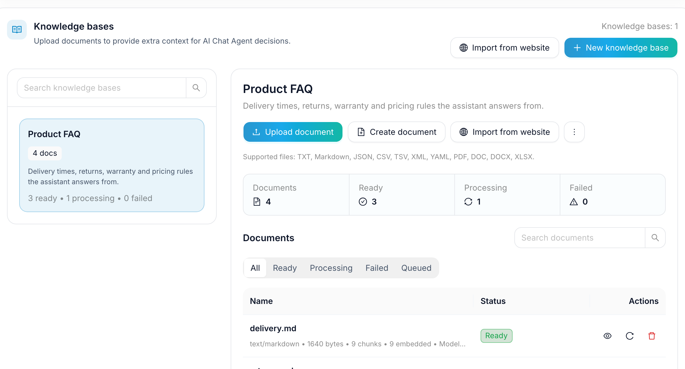 The Knowledge bases section on the AI Settings page with a base selected, its supported file types, counters and the document list