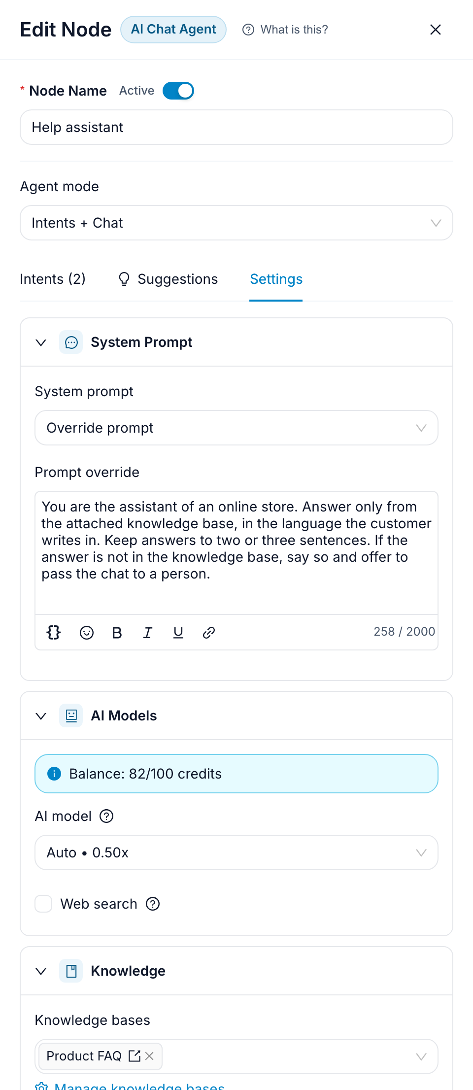 The Settings tab with the system prompt on Override, the model on Auto and one knowledge base attached