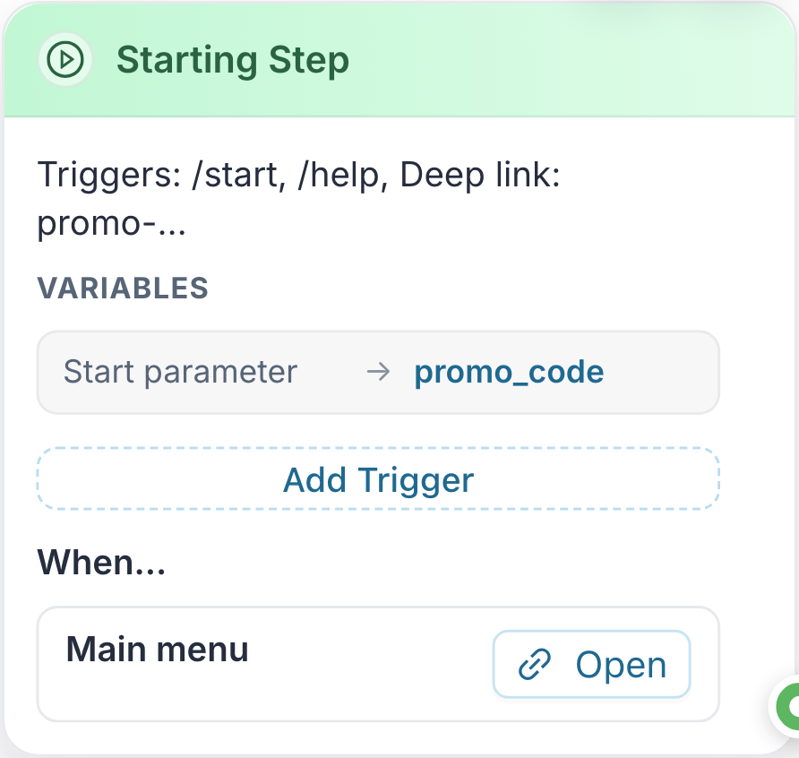 The Starting Step block on the canvas, listing its triggers and the flows that jump into it