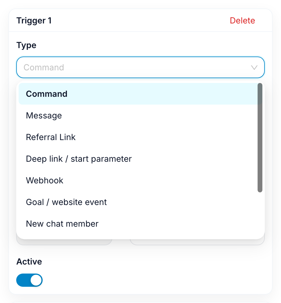 The trigger editor with the Type menu open, showing the available trigger types