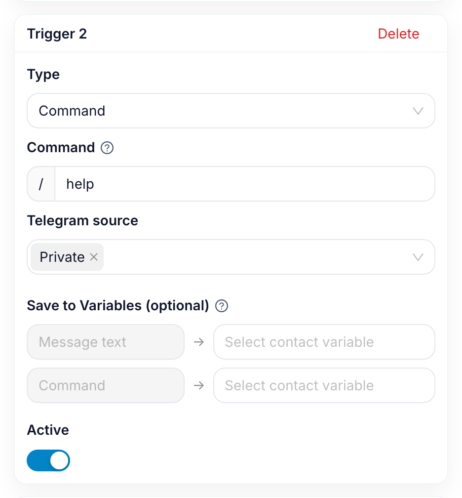 A Command trigger set to /help, with its Telegram source and variable mapping