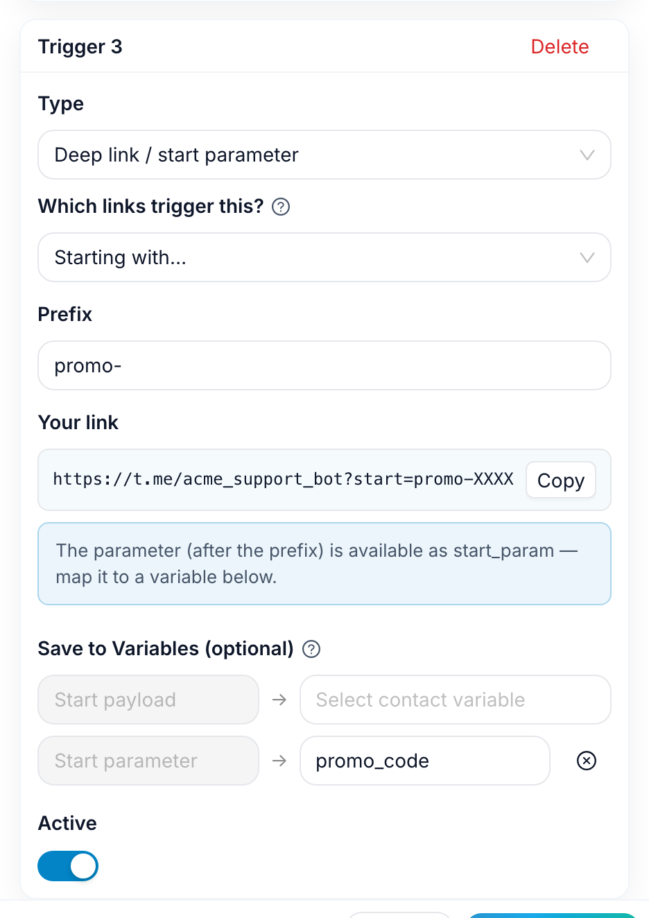 A deep-link trigger with a promo- prefix, the generated link, and the start parameter saved to a variable