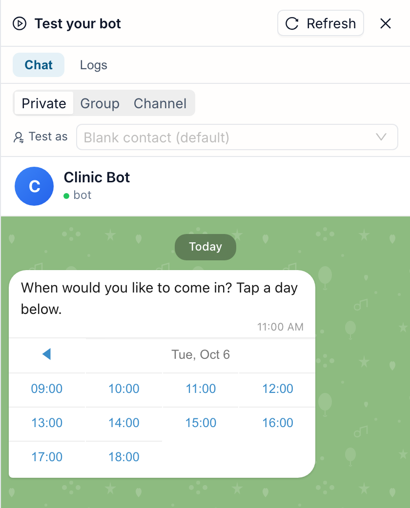 The Test chat: the question, and under it a back arrow, the picked day Tue, Oct 6, and ten time buttons from 09:00 to 18:00