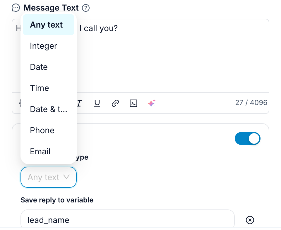 The Expected reply type list open in the message editor, with the answer saved into lead_name below it