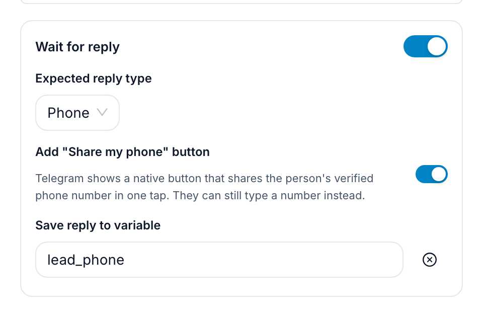 The phone question: reply type Phone, the Share my phone option on, and the answer saved to lead_phone