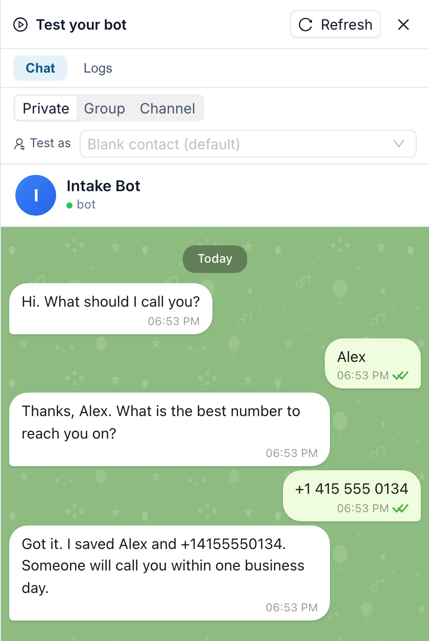 The Test chat: the bot asks for a name and a phone number and repeats both back