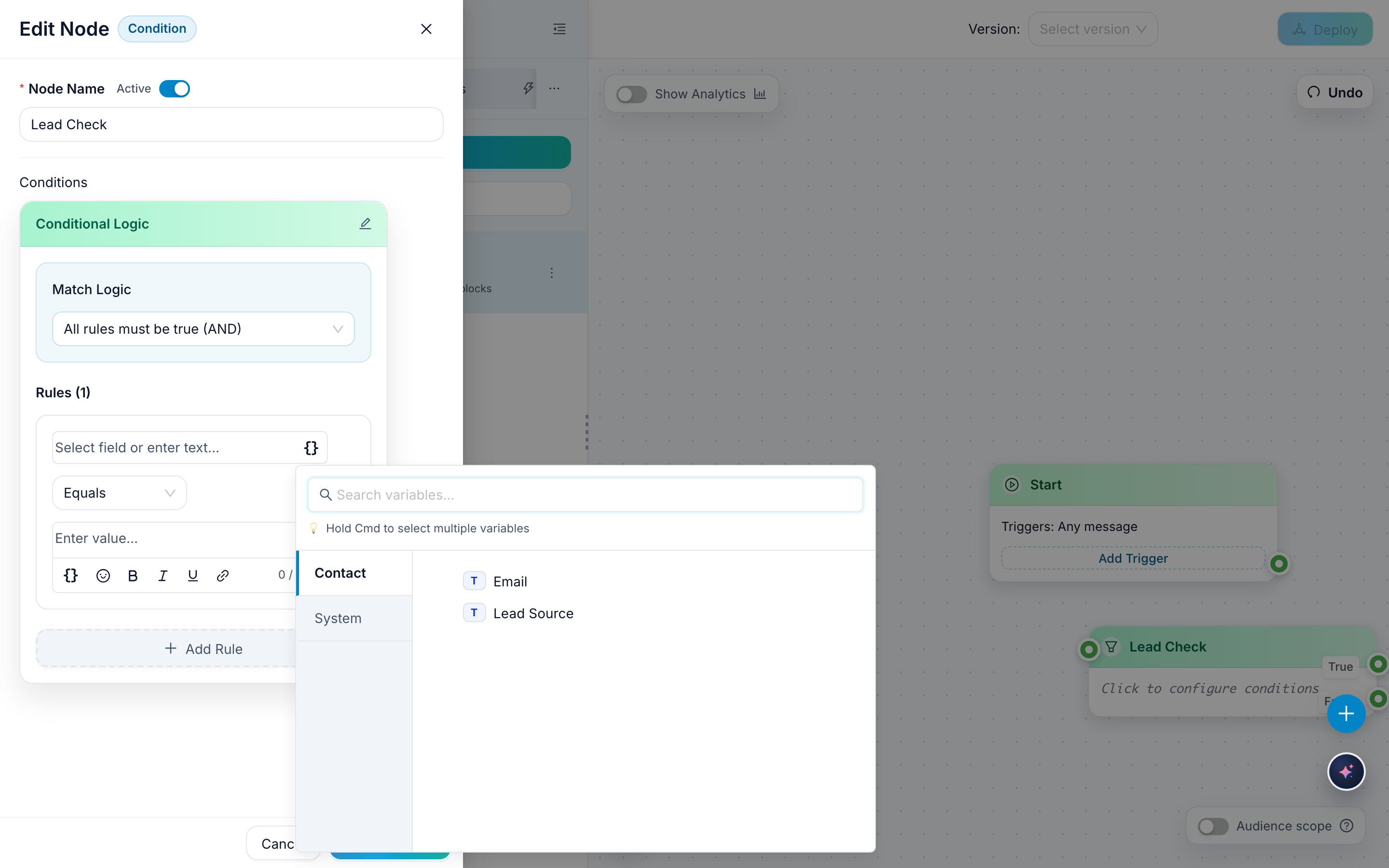 The FlowCastle condition variable picker opened on the Contact category