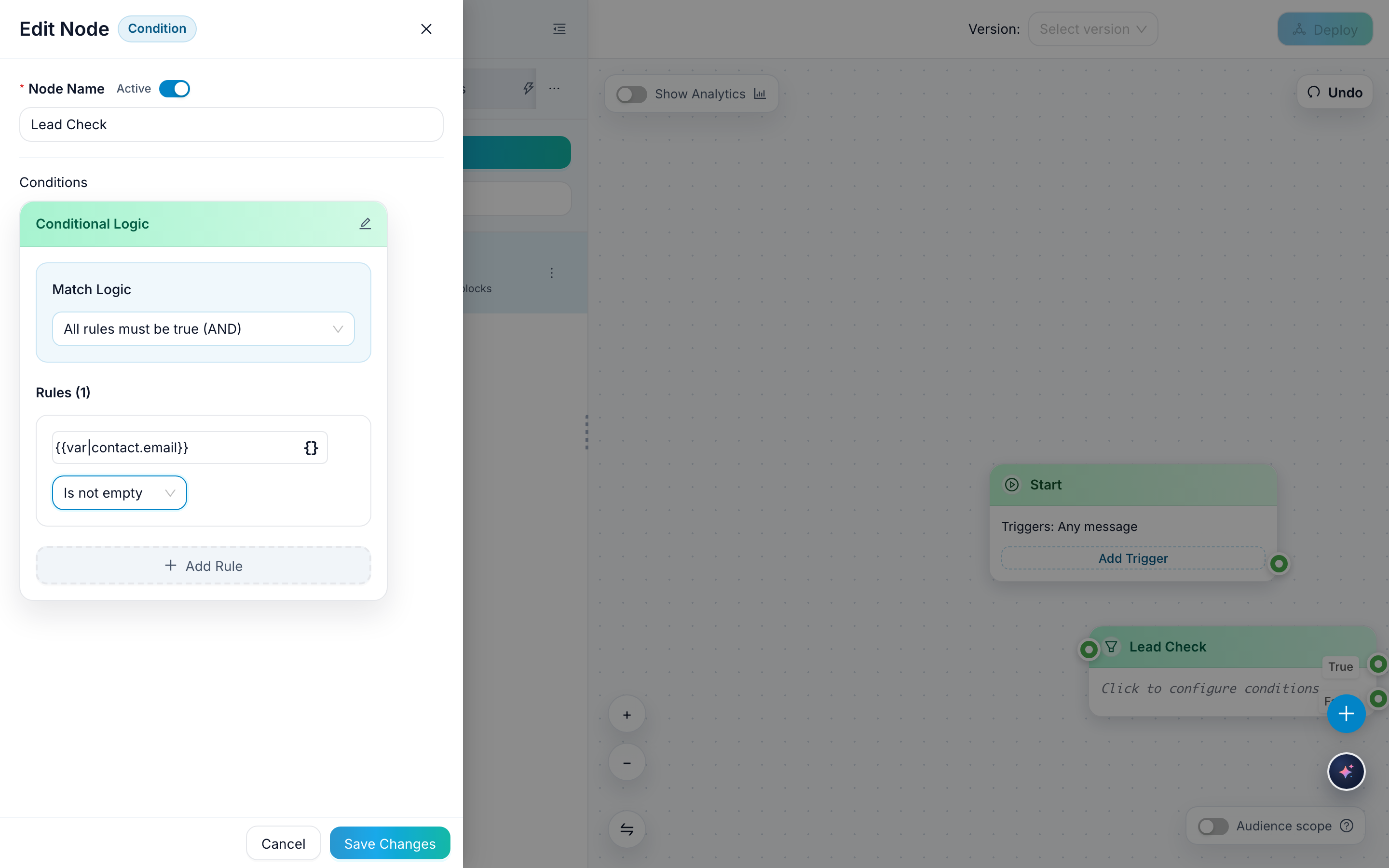 A condition rule configured inside the FlowCastle builder to branch based on contact data