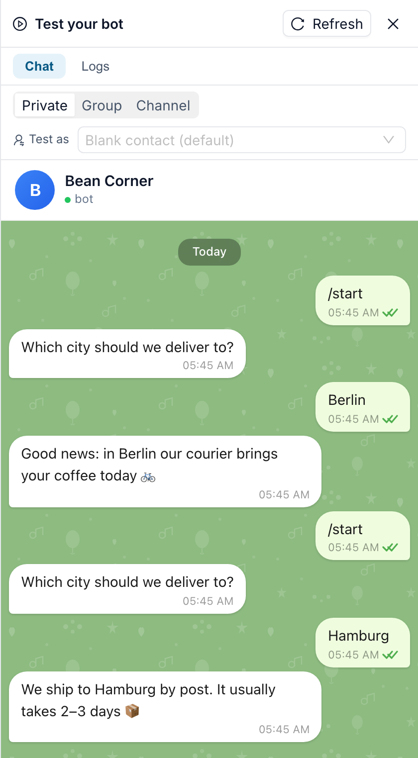 The Test chat with two runs: Berlin gets same-day delivery, Hamburg gets shipping by post