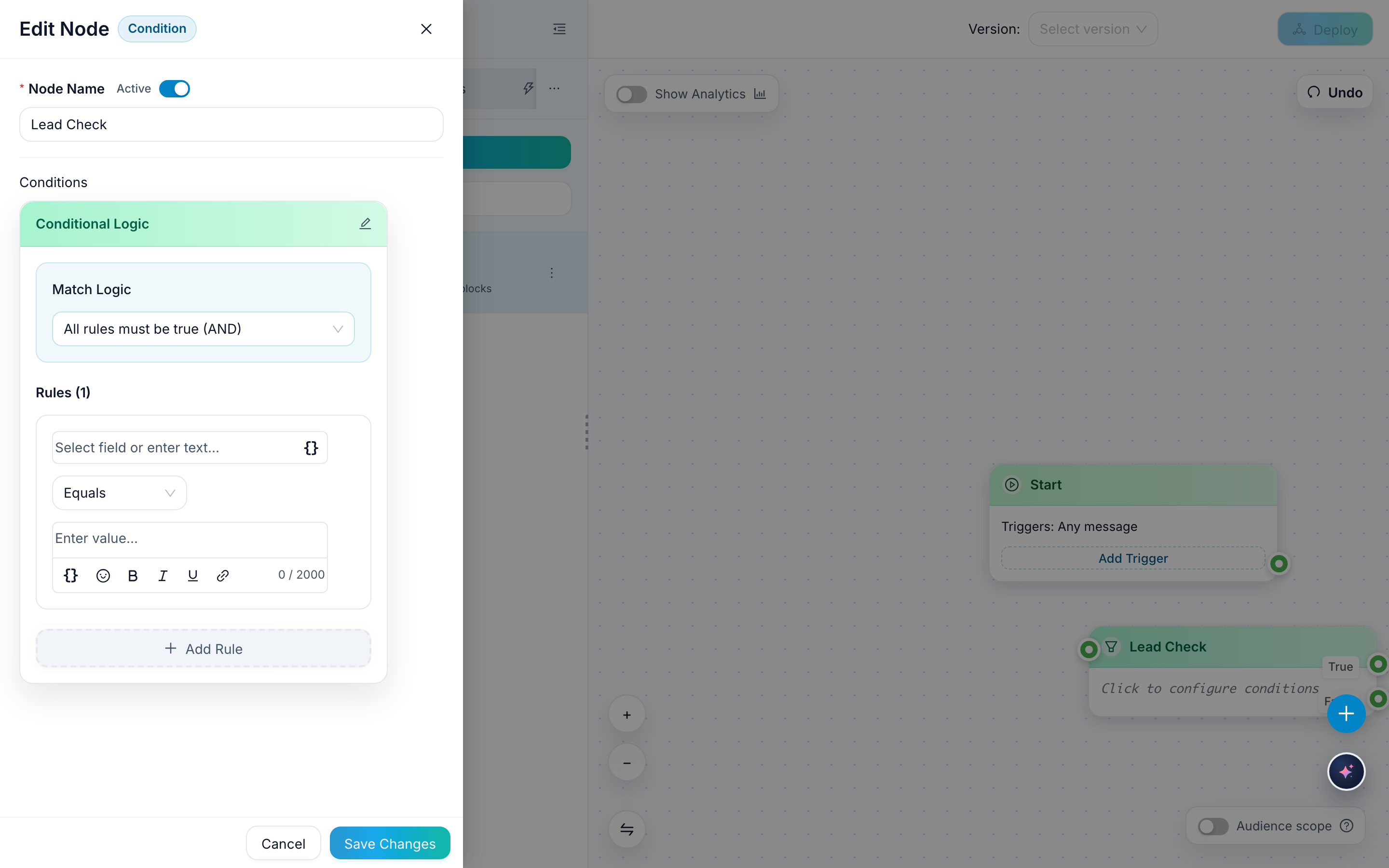 The Condition node editor in FlowCastle with a new rule ready to configure