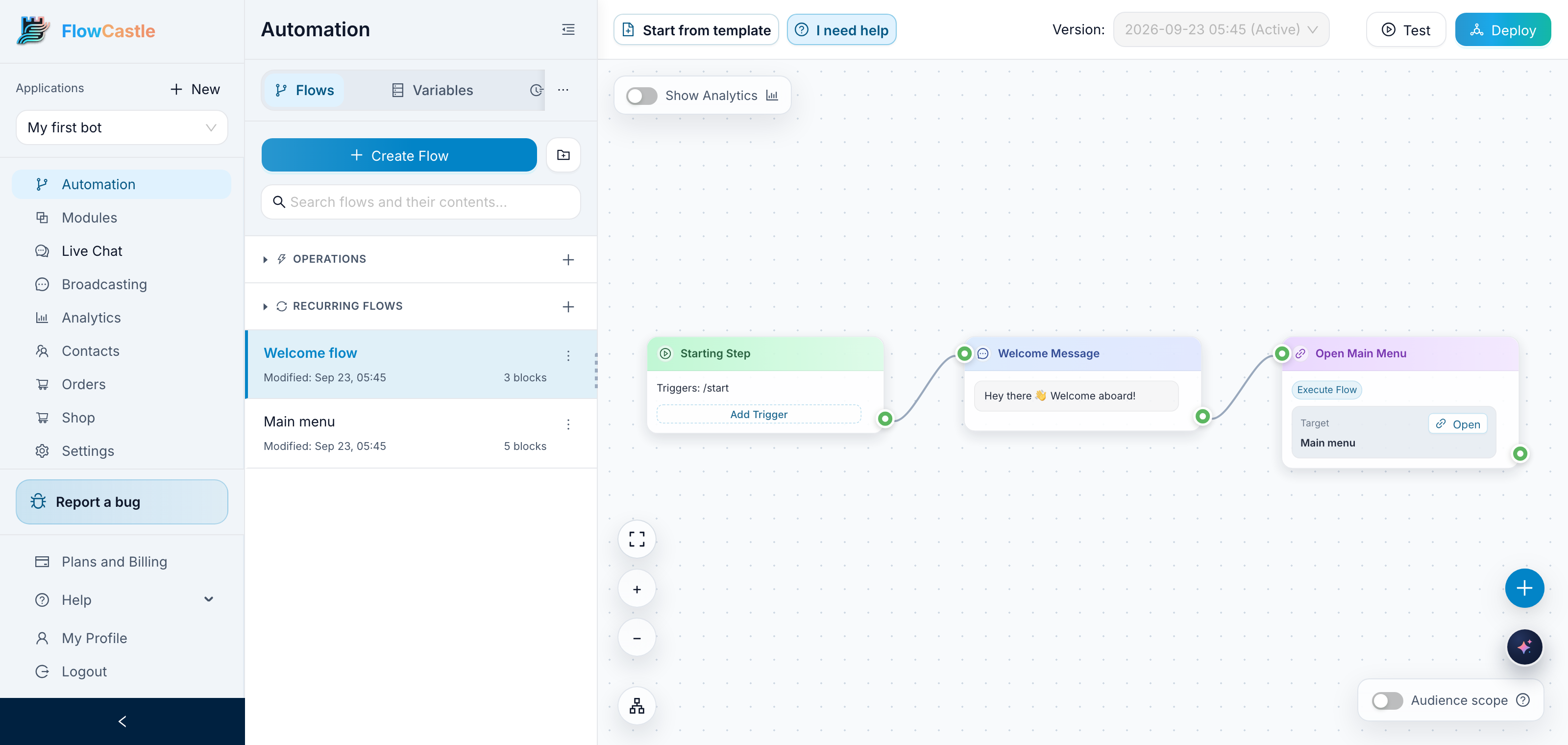 The Automation page: the Flows list on the left and the Welcome flow on the canvas with three blocks