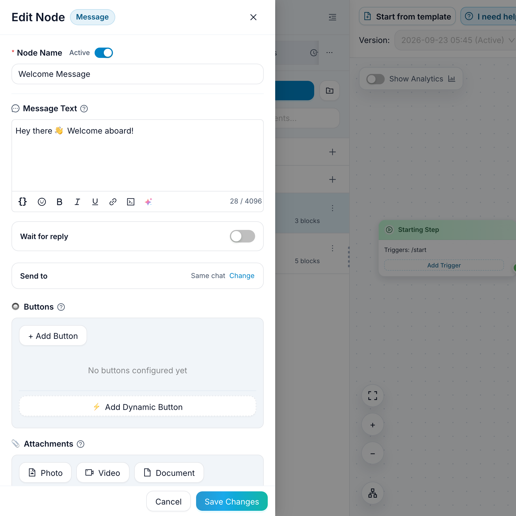 The Welcome Message editor on the left: the Message Text field and the Save Changes button at the bottom