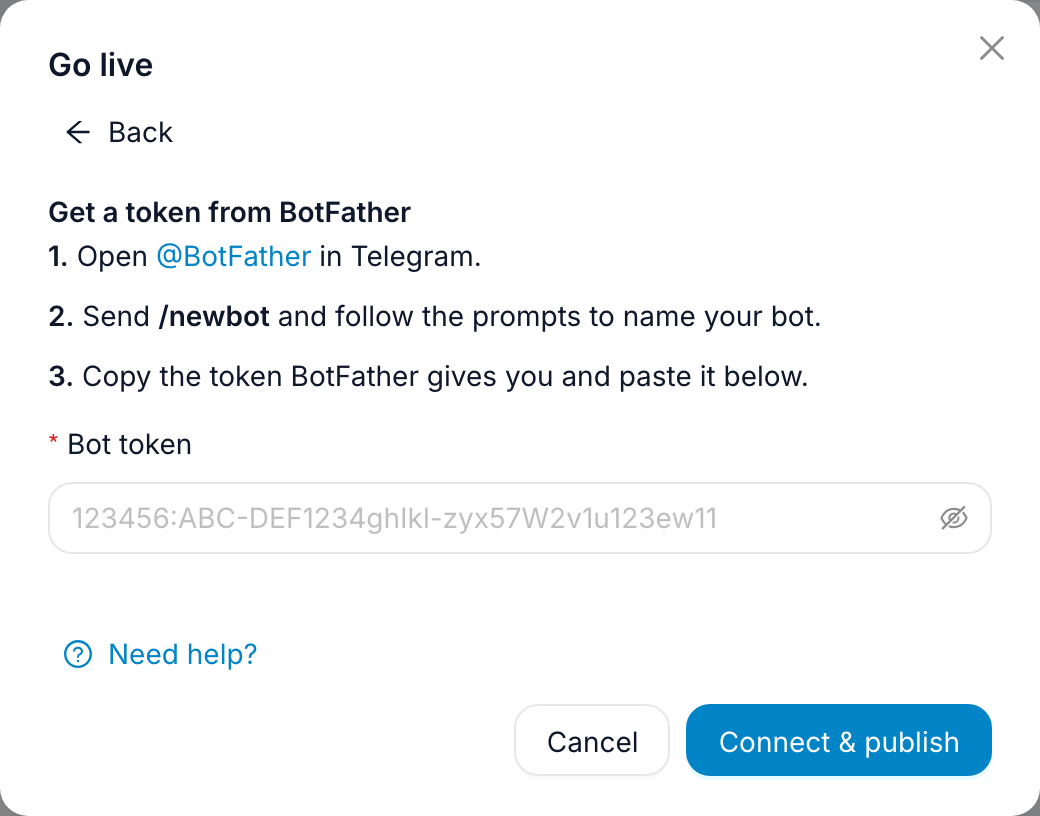 The Go live window with Telegram chosen: BotFather instructions, the Bot token field and the Connect & publish button