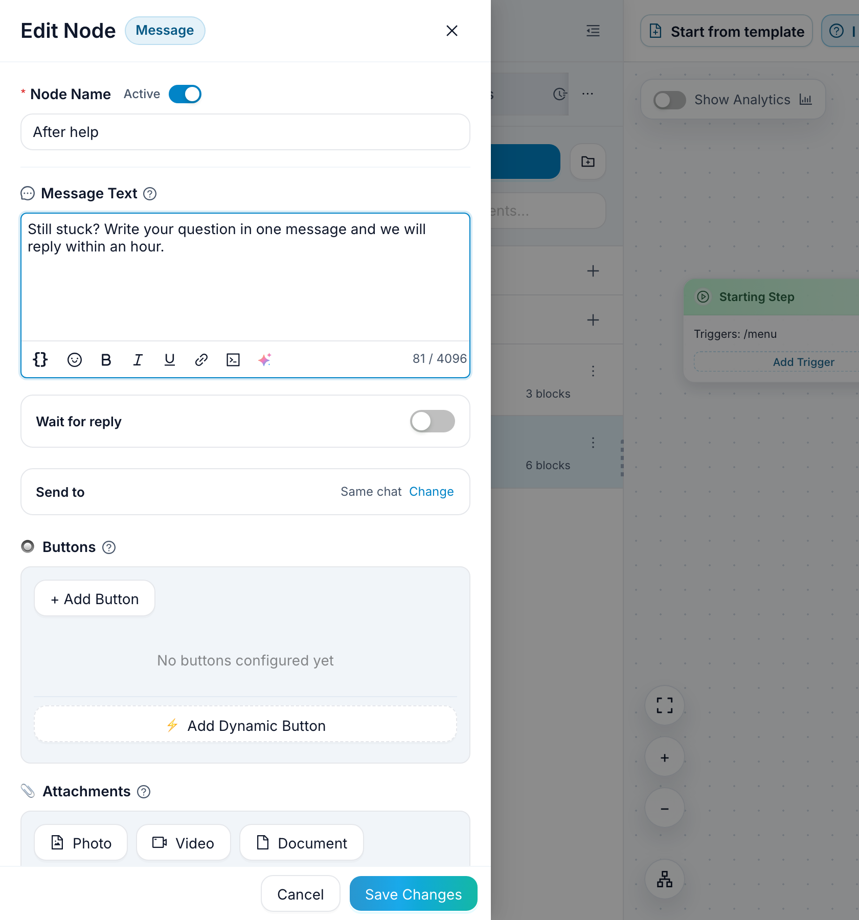 The new block's editor on the left: Node Name, Message Text with the new text, and the Save Changes button