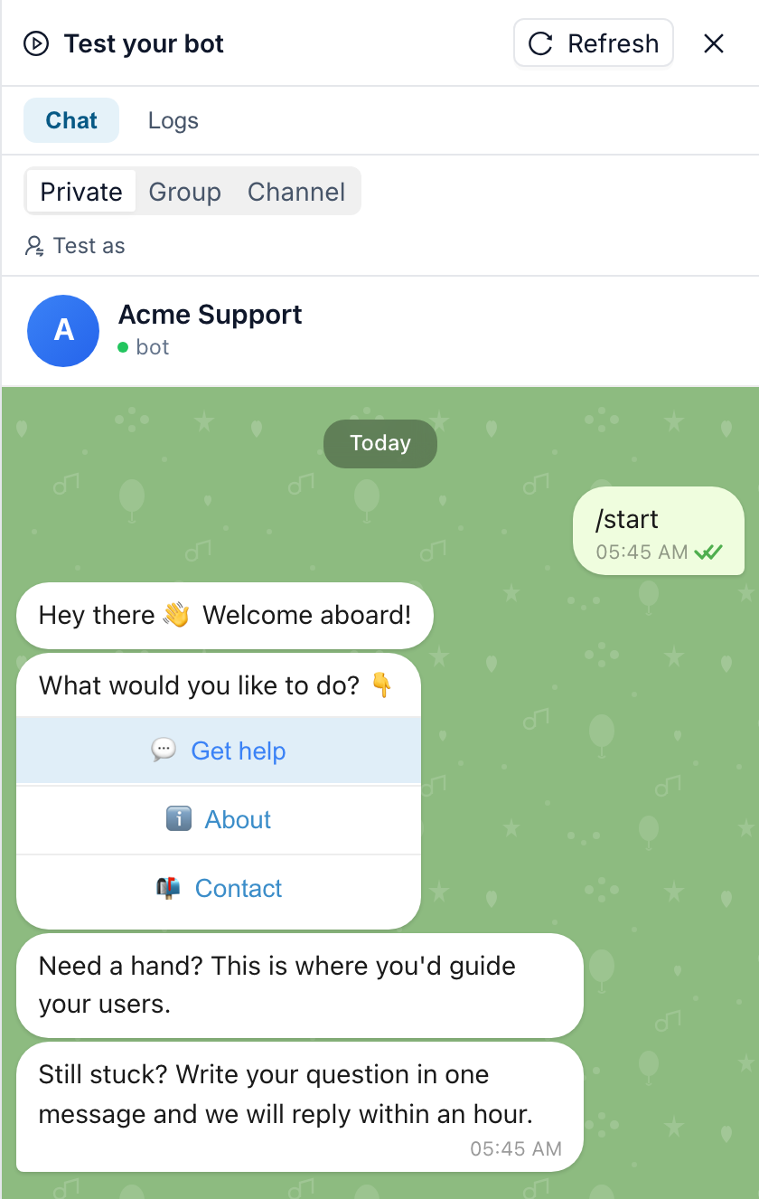 The Test your bot panel: after pressing Get help, the bot sends the help text and then the new message