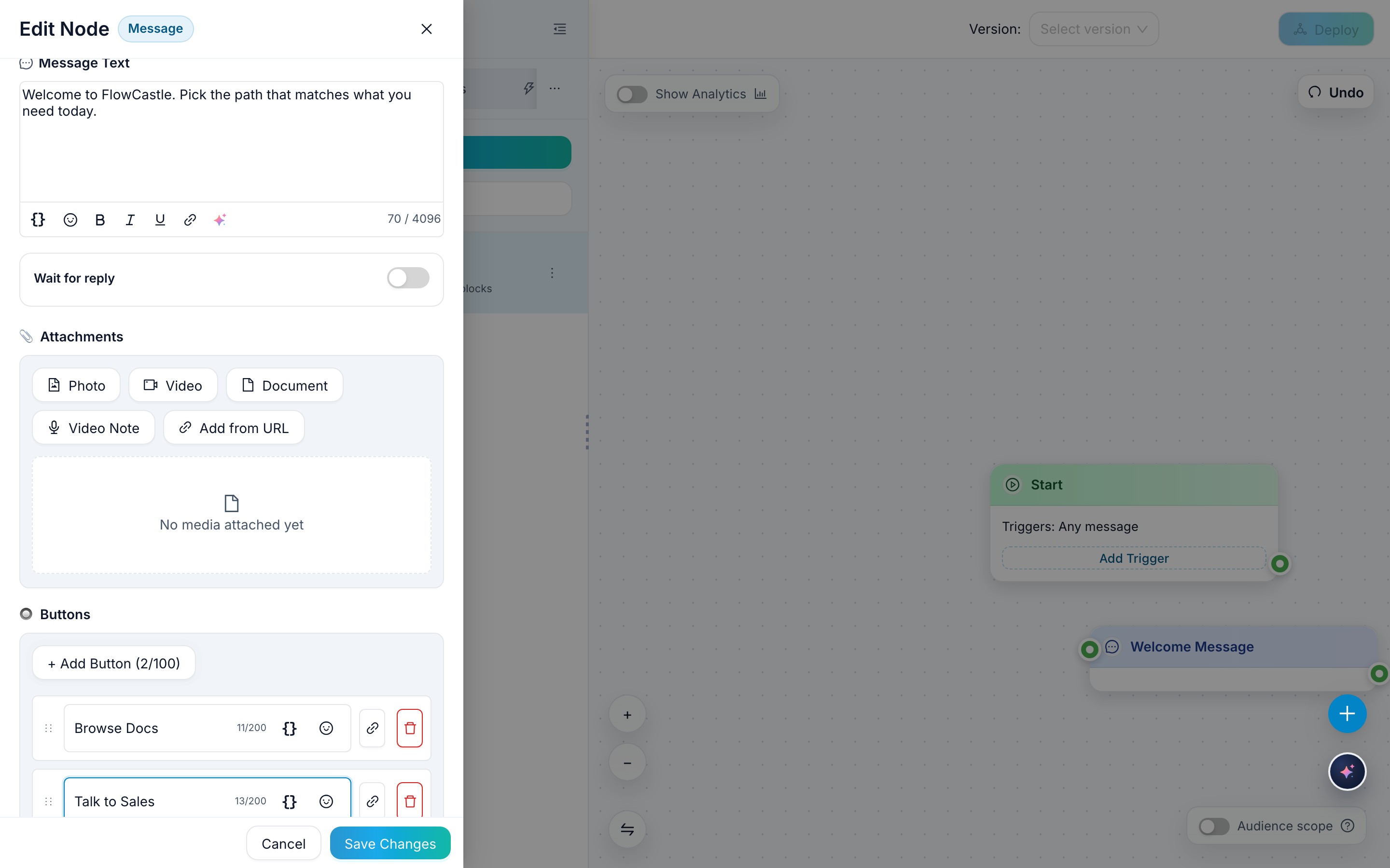 A FlowCastle Message node with two clear action buttons configured