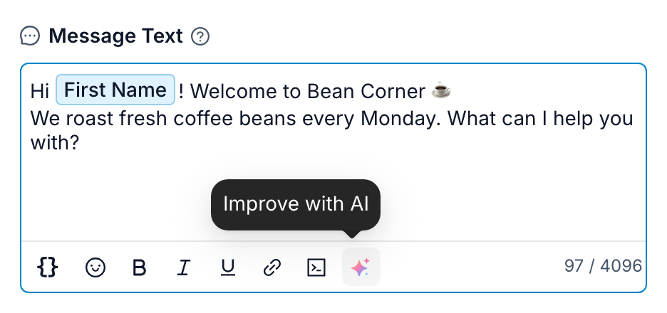 The sparkle button in the message toolbar with its Improve with AI tooltip