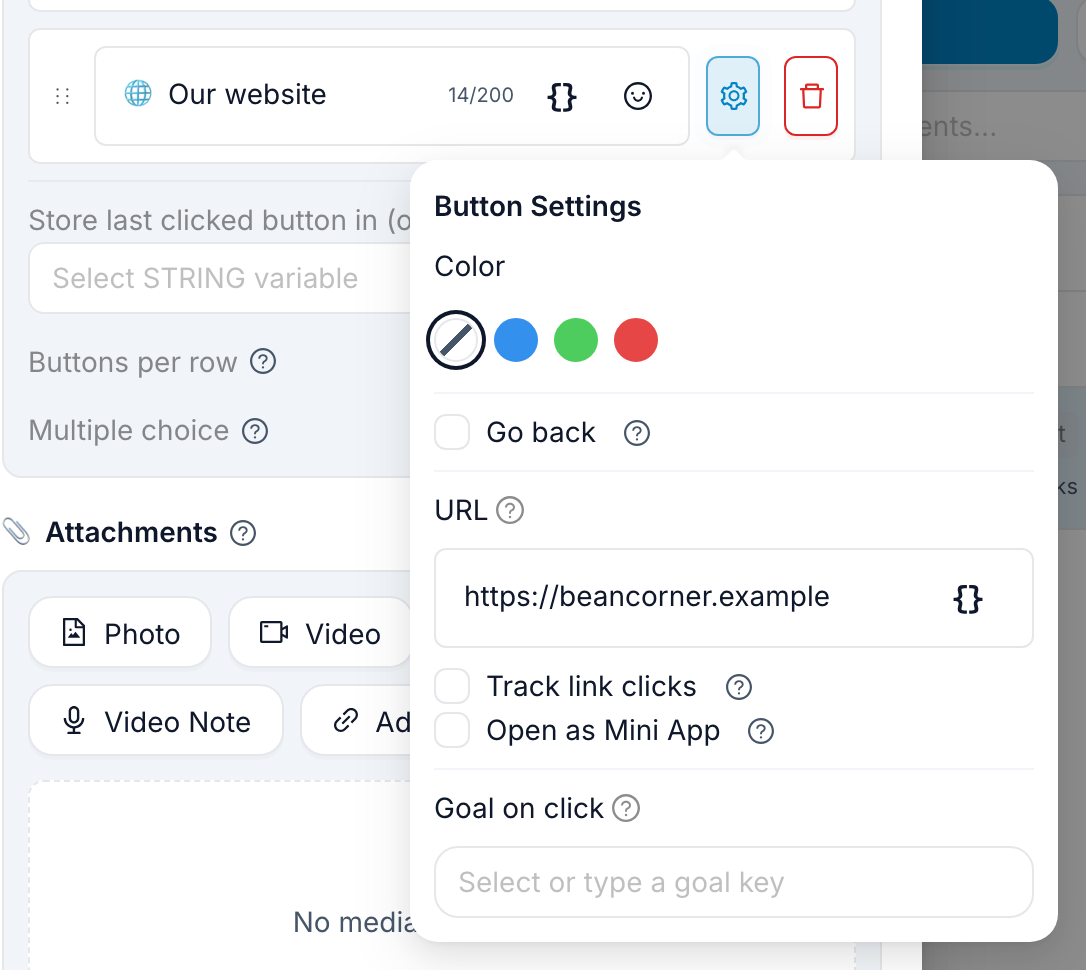Button Settings for the Our website button, with the address filled in the URL field