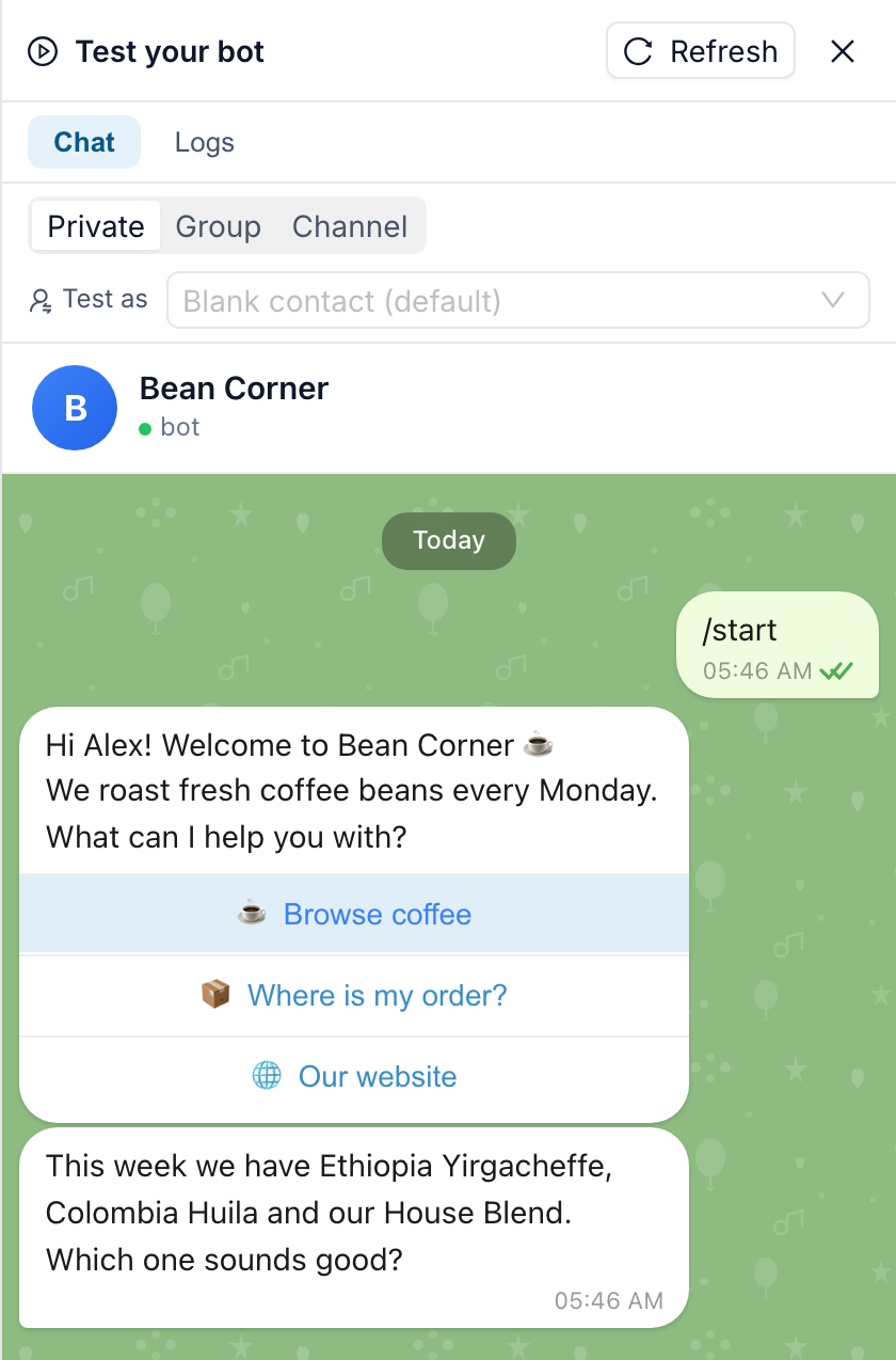 The Test chat: the welcome message with First Name replaced by Alex, three buttons, and the coffee list after pressing Browse coffee