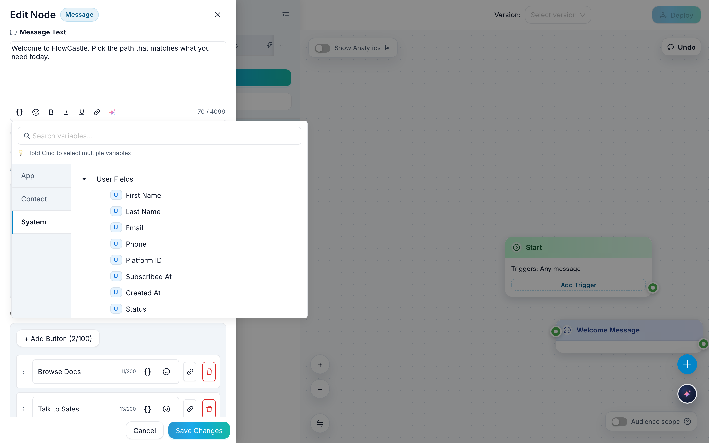 The variable picker opened in a FlowCastle Message node to insert the First Name variable