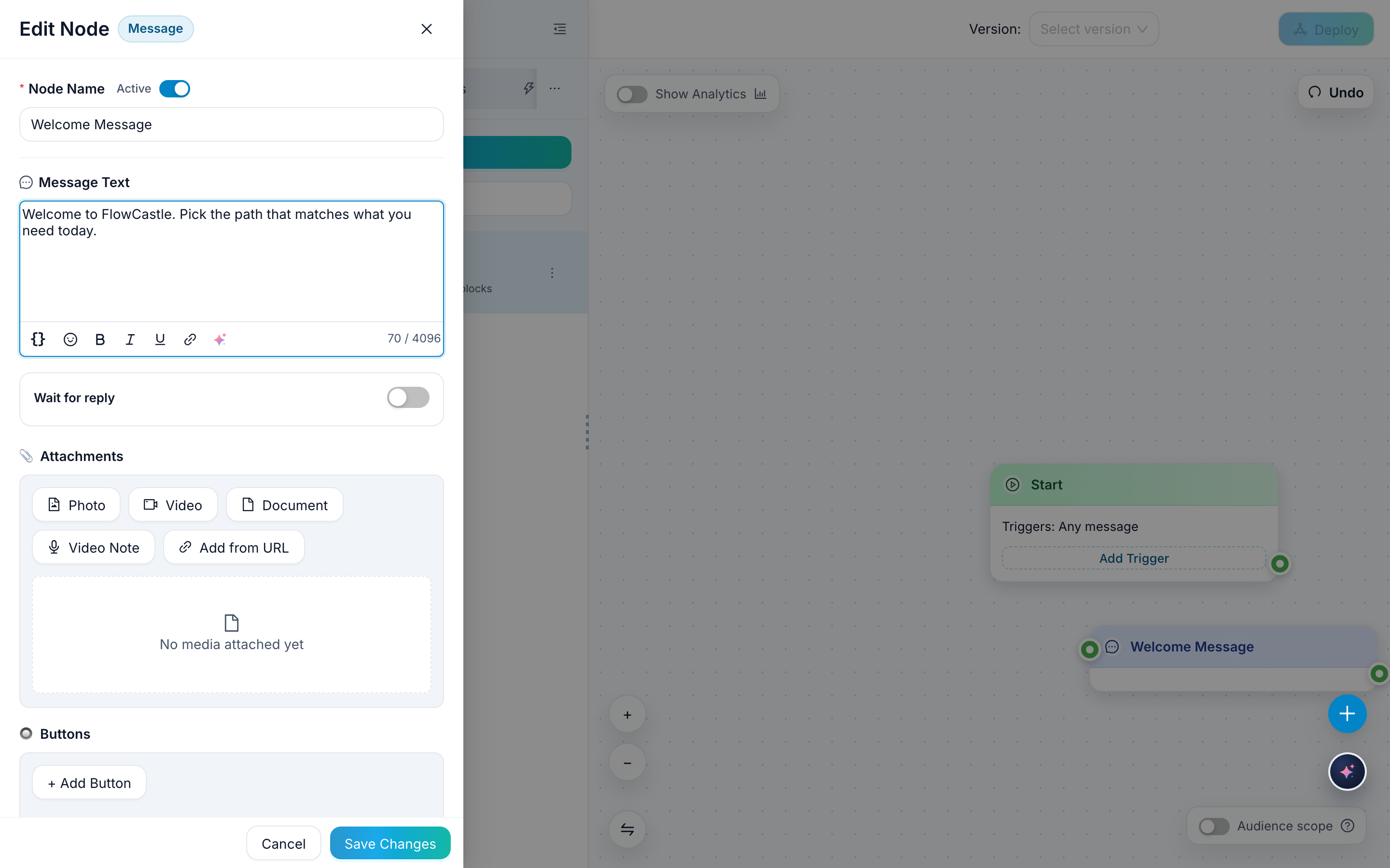 A message node being edited inside the FlowCastle visual builder