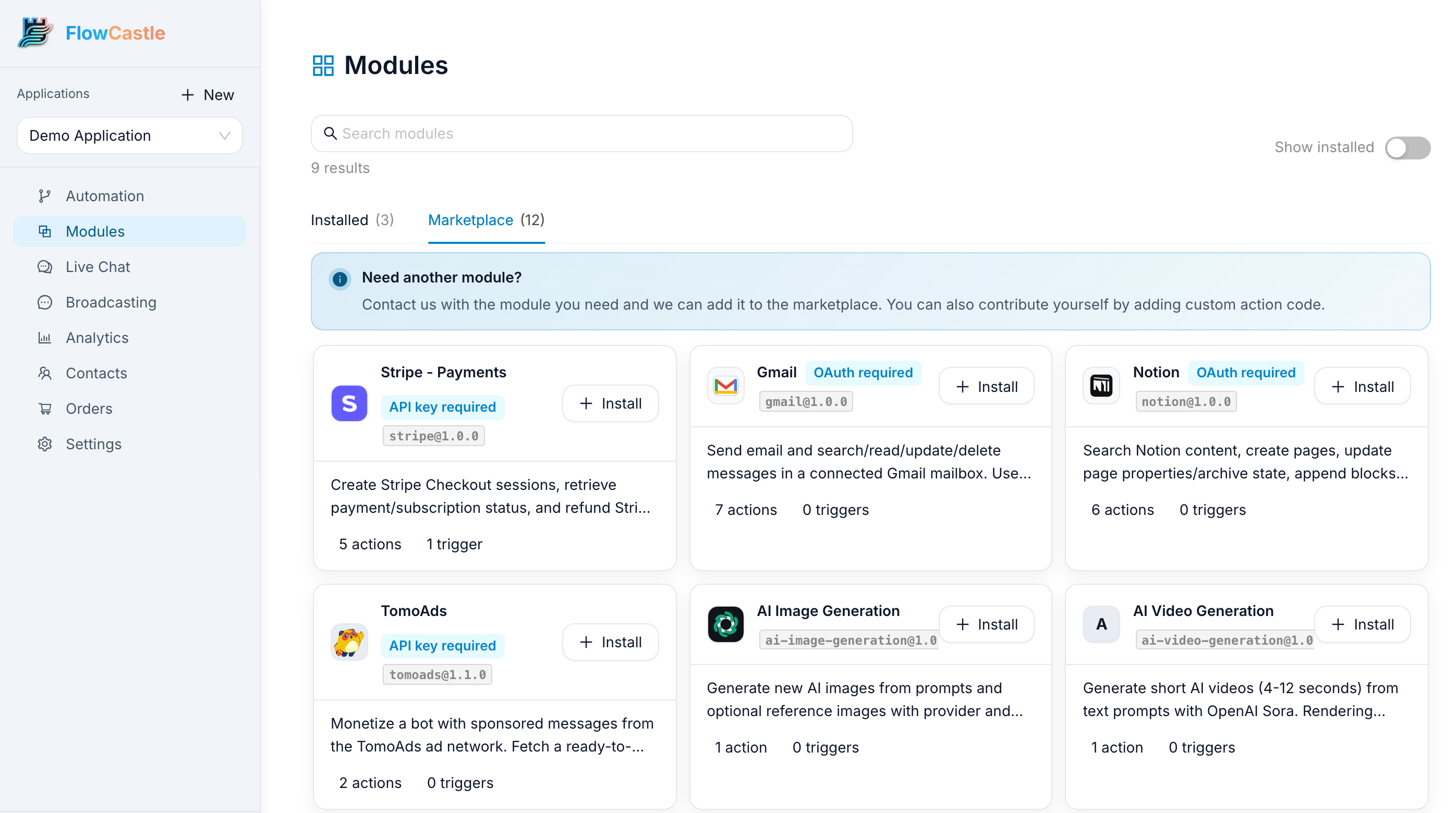 The FlowCastle Modules page on the Marketplace tab, showing module cards with OAuth required and API key required badges