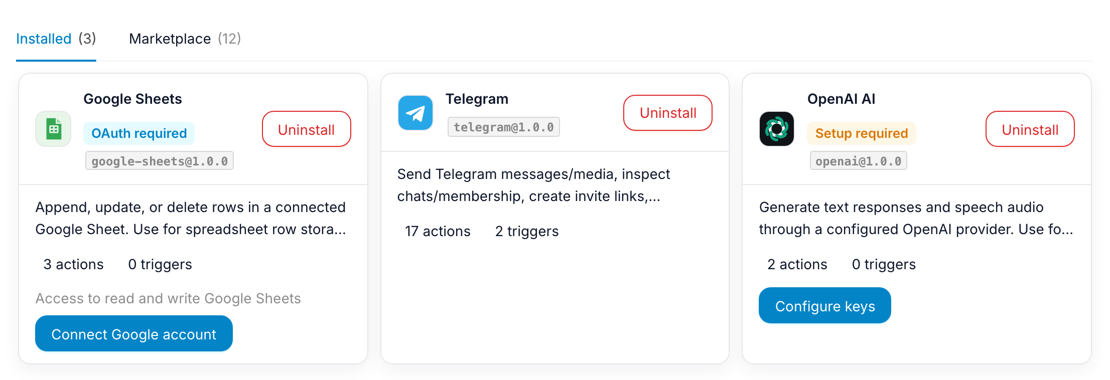 The Installed tab with three module cards: Google Sheets waiting for a Google account, Telegram ready, and OpenAI marked Setup required