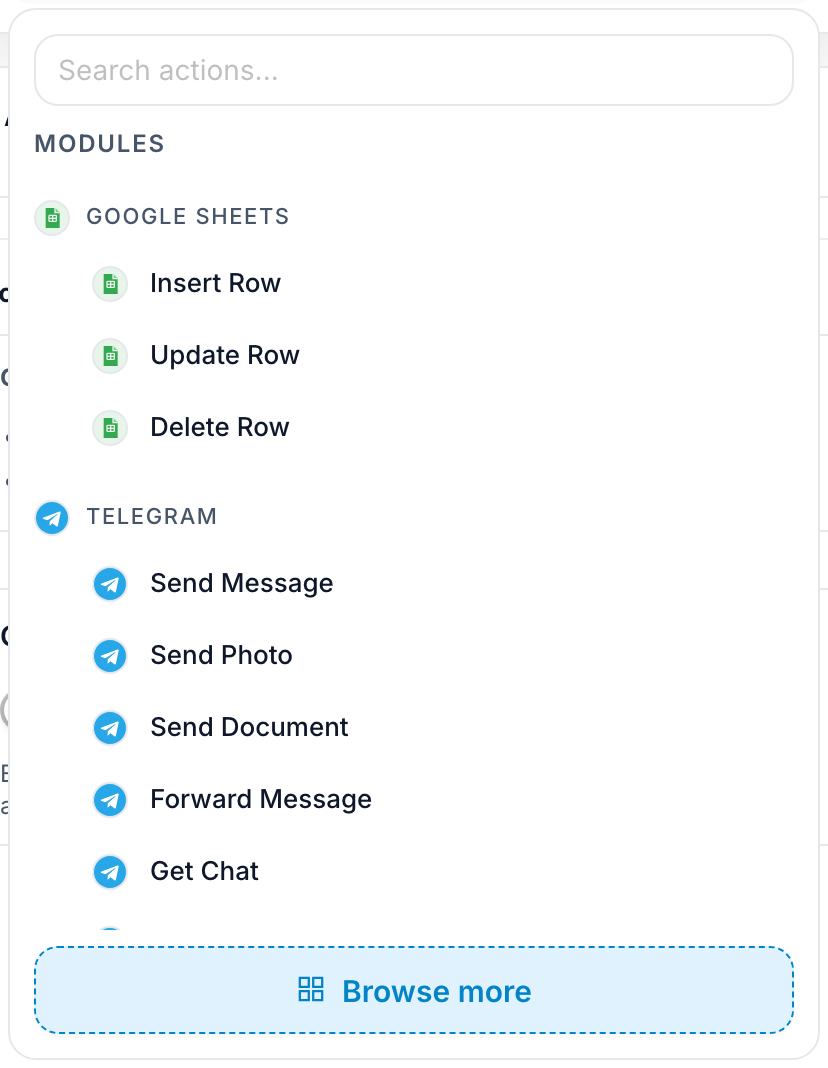 The Add Action menu with a Modules section listing Google Sheets and Telegram actions