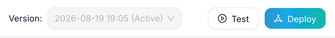The Version selector, the Test button and the Deploy button on the editor toolbar