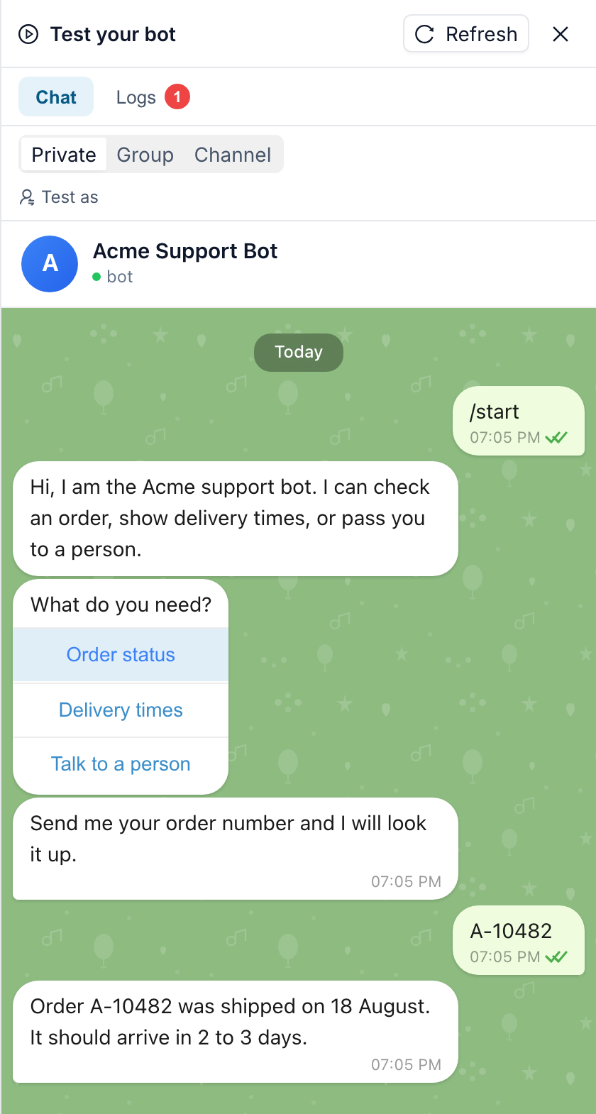 The Test panel showing a test conversation with the bot, with one menu button chosen