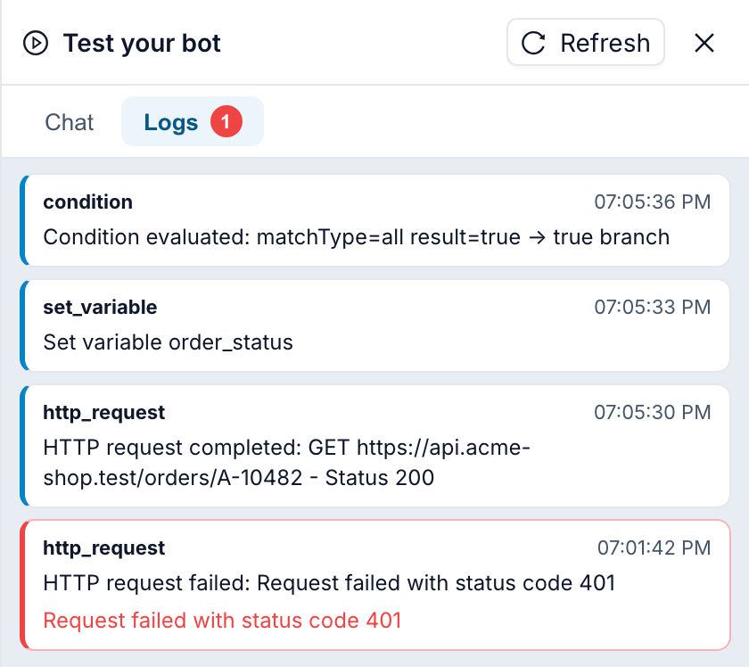 The Logs tab of the Test panel listing executed steps, with a failed step outlined in red