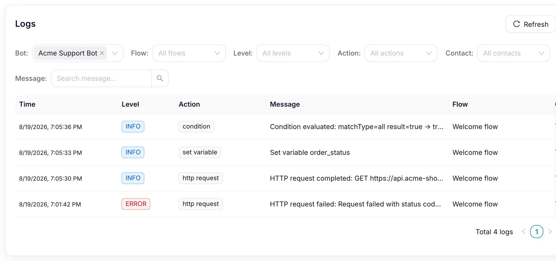 The Logs page under Settings, filtered to one bot, showing executed steps and one error row