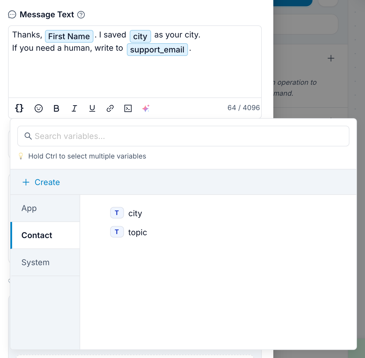 The FlowCastle variable picker open under a message editor, showing the App, Contact and System categories with the contact variables city and topic