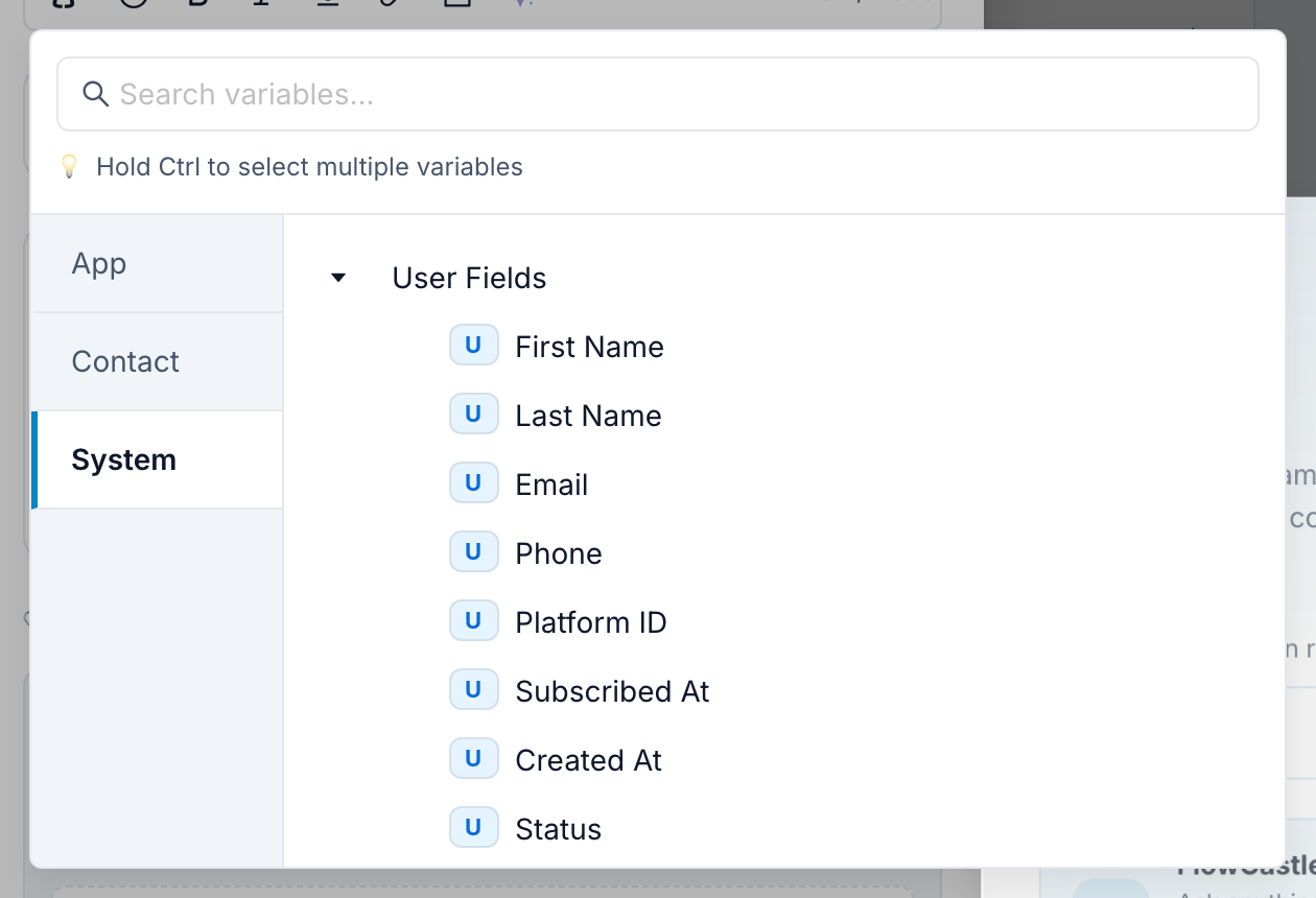 The System category of the FlowCastle variable picker, listing User Fields such as First Name, Last Name, Email and Phone