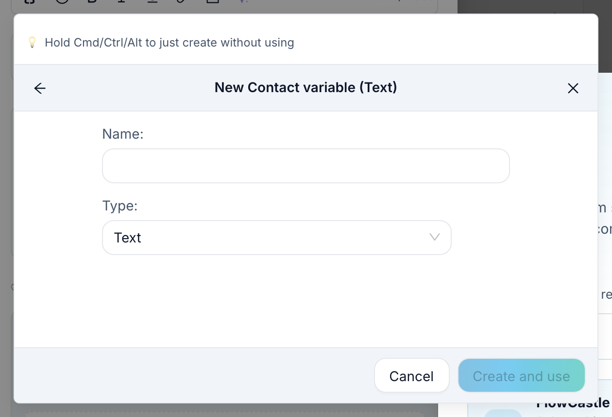 The inline form for a new Contact variable in the FlowCastle variable picker, with Name and Type fields